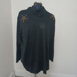 Black Turtleneck Embellish Shoukders Shirt Plus Size  1x By Youngstuff Holiday